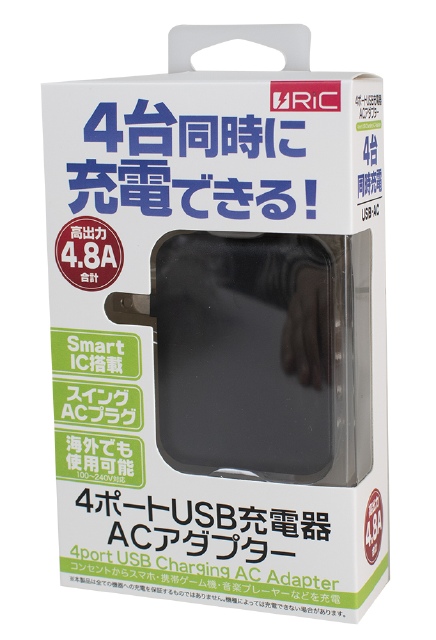 ������<BR>RiC<BR>4�ݡ���USB���Ŵ�AC�����ץ���<BR>�ԥ֥�å���<BR>RiC-AC-USB_4P/BK